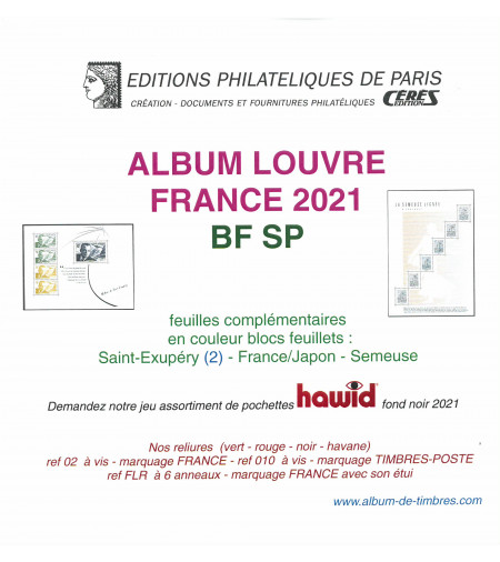 Feuilles France Louvre 2021 pour 2 blocs St Exupery- Boites aux lettres et Semeuse fond ligné